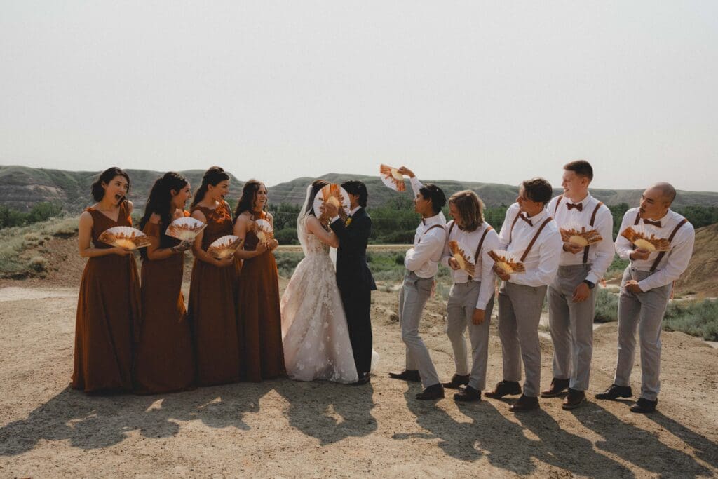 Wedding Party standing at the Badlands in Drumheller