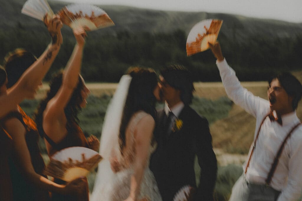 Wedding couple kissing and blurred in the Drumheller Badlands