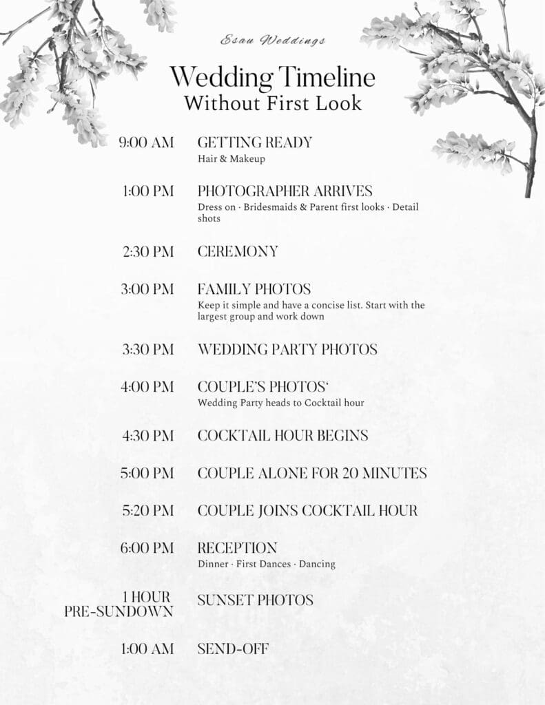 Details Wedding Timeline without a First Look